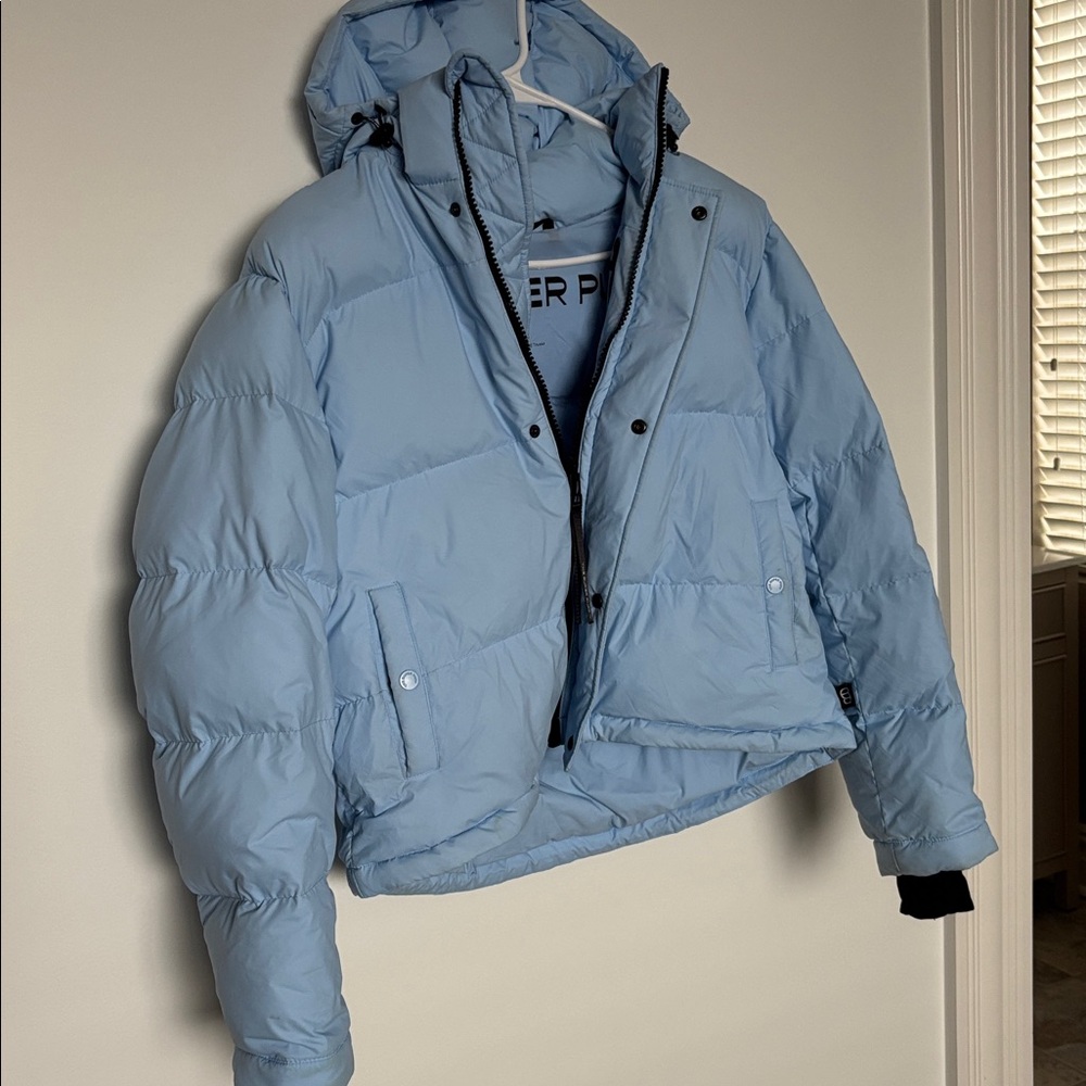 Aritzia Super Puff Light Blue Shorty Jacket, light marks on pocket & hood - Picture 2 of 10